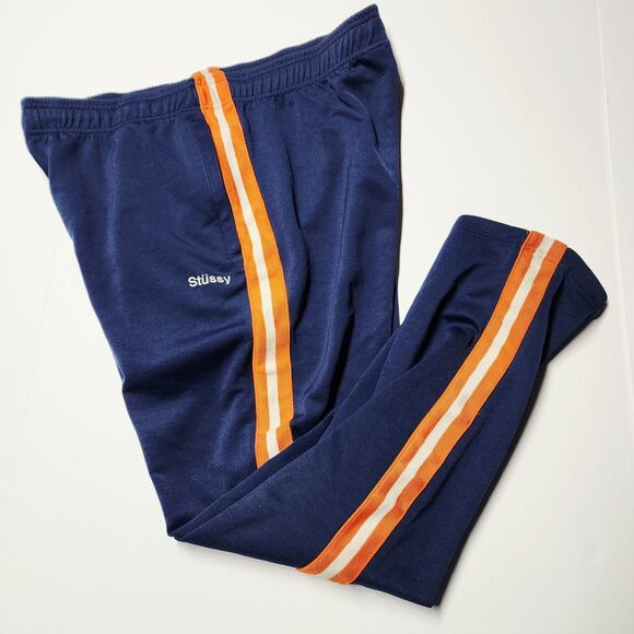 Stussy Poly Track Pants Sweatpants Stripe Joggers Blue Orange White Mens L NWOT